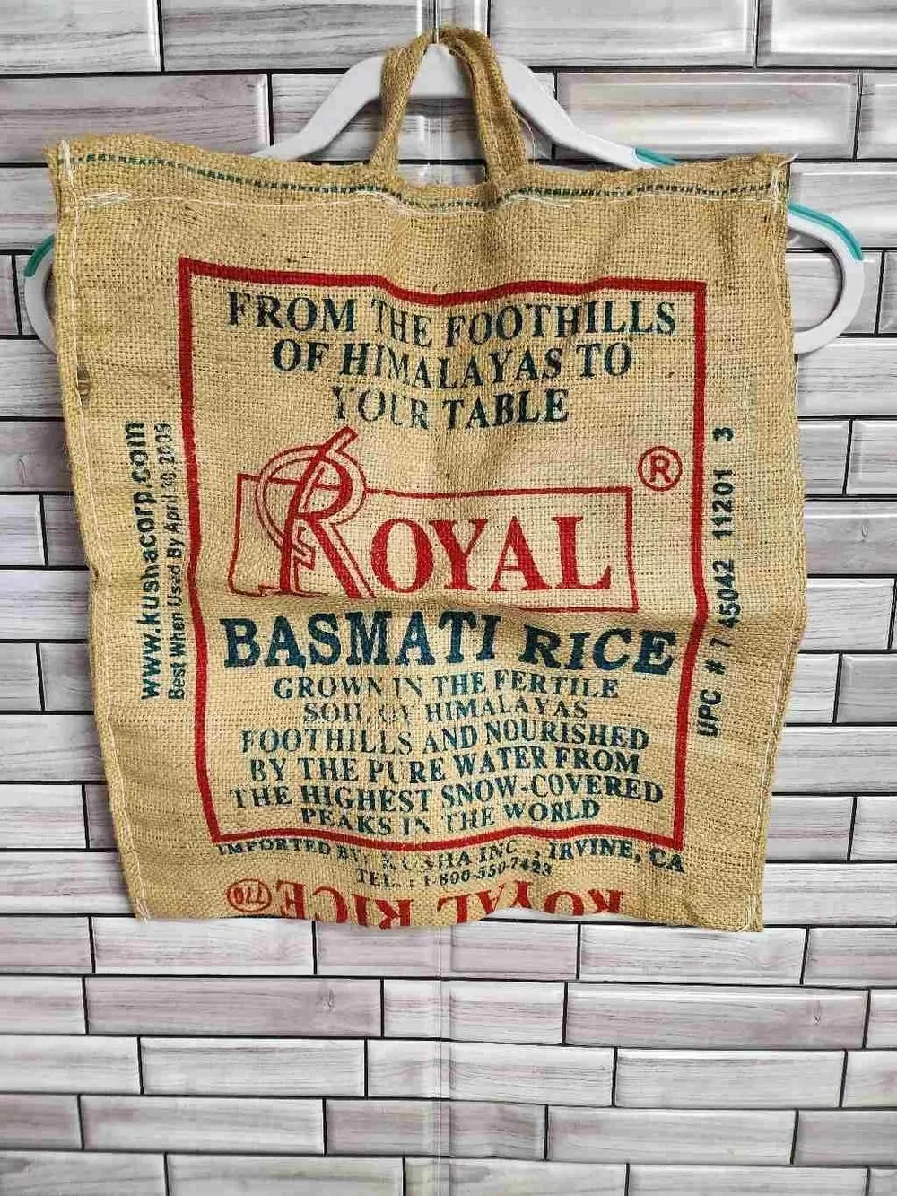 Vintage Style Royal Basmati Rice Burlap Bag, Side Zippered Tote Bags #A62
